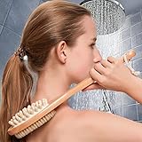 Duschbürste für den Körper, trockene Badewanne, Körperbürste, Rückenschrubber mit 37 cm langem rutschfestem Holzgriff, 100 Naturborsten, doppelseitig, langer Griff, Rückenbürste