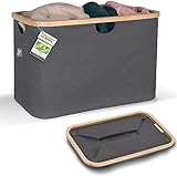 HENNEZ Faltbarer Wäschekorb Grau 60L - aus Stoff mit Bambus - Klappbarer Flach - Collapsible Foldable Laundry Basket - Tragbar Wäschesammler