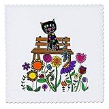 3dRose qs_338249_1 25,4 x 25,4 cm, Quadratische Steppdecke, Polyester, Lustige schwarze Katze auf Blume Gartenbank Natur, 10x10 inch quilt square