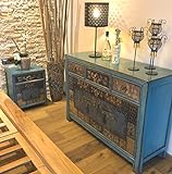 OPIUM OUTLET Chinesische Möbel Kombination Asia Möbel Schlafzimmer Shabby Chic Vintage blau Sideboard Kommode Schrank & 2 Nacht-Schränkchen orientalisch (Oceanflowers-3)