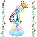 Unisun 32-Zoll-Ballon-Set aus Folien, Helium Nummer 4-Ballonturm mit Regenbogen-Farbverlauf, Krone und 12-teiligen Latexballons für Dekorationen zum Jubiläum der Prinzessin-Prinz-Geburtstagsfeier
