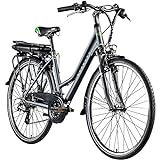 ZÜNDAPP Z802 E Bike Damen Trekking 155-185 cm Fahrrad 21 Gänge, bis 115 km, 28 Zoll Elektrofahrrad mit Beleuchtung und LED Display, Ebike Trekkingrad (grau/grün)