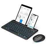 Bluetooth Tastatur mit Maus, 3 Kanäle Beleuchtete Kabellose Tastatur mit Tablet Halterung, Wiederaufladbare QWERTZ Funktastatur und RGB Maus DPI 2400 für iOS/Android/Windows,Tablet, Smartphone,Schwarz