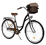 Komfort Fahrrad Citybike Mit Korb Vintage Damenfahrrad Hollandrad, 26 Zoll, Schwarz-Braun, 3-Gange Shimano