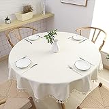 Runde Tischdecke Baumwolle Leinen Textur Quaste Tischdecke für Küche Abendessen Tabelle, dekorative solide Farbe Tisch Tischabdeckung, mit Quaste Durchmesser 150cm, Beige