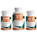 Zink 25mg (365 Tabletten) + Vitamin B12 & Folsäure (180x) mit je 1000 mcg B12 & 400 mcg Folsäure + Vitamin D3 K2 Vegan (120x) - optimal hochdosiert, Made in Germany, laborgeprüft, 100% vegan