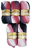 5 x 100 g Alize Strickwolle mehrfarbig mit Farbverlauf, 500 Gramm Strickgarn mit 20% Wolle-Anteil (schwarz grau beere u.a. 1602)