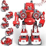 TOYABI Feuerwehrauto, DIY 5 in 1 Auto Spielzeug mit Lichtern und Tönen, STEM Roboter Baukasten Konstruktionsspielzeug für 3 4 5 6 7 8 Jahren Jungen