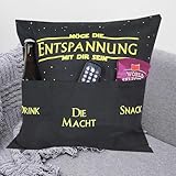 KAMACA Originelles Dekokissen Kissen mit 3 Taschen zum selbst Befüllen und Spruch Größe 43x43 cm tolles Geschenk für Anlässe wie z.B. Geburtstag (Möge die Entspannung mit dir Sein A)