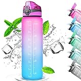 Trinkflasche mit Strohhalm 1L, Wasserflasche mit Zeitmarkierungen, Wasserflasche Frei BPA, 1 klick Öffnen in ​Water Bottle, Sportflasche, Fahrradflasche (Farbverlauf Pink Blau)