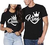 Paar T-Shirt 2er Set King Queen mit Aufdruck Als Geschenk Valentinstag Partner T-Shirt Symbolische Liebe T-Shirt (Schwarz, King M + Queen S)