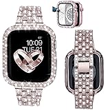 Bling Diamant Edelstahl Armband Ersatzband+Uhrengehäuse Kompatibel mit Apple Watch Series 3/2/1,Damen Strass Glitzer Armbänder Uhrenarmband mit Schutzhülle für iWatch 42mm,Hellrosa Gold,42mm