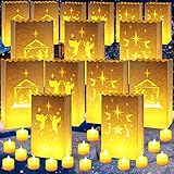 30 Sets WeihnachtsLeuchttüten Flammenbeständige Kerzentüten Xmas Tree Design Leuchtende Laterne Taschen mit flammenlosen Kerzen LED Teelichter Kerzen für Xmas Halloween Thanksgiving Party