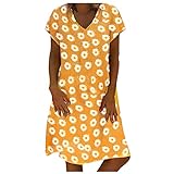 BZLine Knielang Casual Plus Kleid Kurzarm Lose Gänseblümchen V-Ausschnitt Größe Frauen Gedruckt Damenkleid Frauen Kleid (Orange, XL)