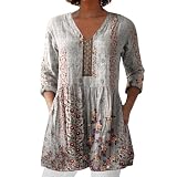 zakuwyelik Leinenbluse Damen 3/4-Ärmel&schwingendem Saum–Musselin Blusen Vintage Boho-Stil Blumenprint,Baumwolle-Leinen-Mix,mit Tasche–Sommerliche Strand Tunika Damen Luftig für Elegant & Lässig