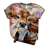 masrin Damen Tops Fashion Kurzarm 3D Kuh gedruckt T-Shirt Grafik O-Neck Bluse(M,Khaki)