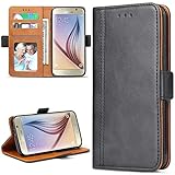 Bozon Galaxy S6 Hülle, Leder Tasche Handyhülle Flip Wallet Schutzhülle für Samsung Galaxy S6 mit Ständer und Kartenfächer/Magnetverschluss (Schwarz-Grau)
