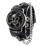 display08 Herren-Armbanduhr mit Totenkopf-Motiv, Kunstleder, Rock-/Punk-Stil, Schwarz