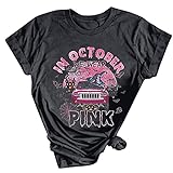 In October We Wear Pink Print Womens Funny Halloween T-Shirt Breast Cancer Awareness Shirt Car Short Sleeve Casual Tops, grau, X-Large