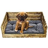 SuperKissen24. Hundebett Hundekorb Tierbett Katzenbett mit Holzkiste für Kleine, Mittlere und Grosse Hunde - Waschbar - Größe M - Schwarz und Grau