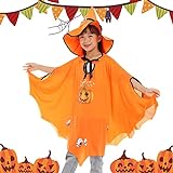 Wishstar Halloween kostüm Kinder,Fledermaus Umhang Kostüm mädchen,Fasching kostüme hexenkostüm Kürbis，Umhang Orange mit Hut für Halloween Cosplay Party ，Geeignet für Höhe 90-150cm