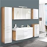 Lomadox Badezimmermöbel Set, Hochglanz weiß mit Wotaneiche, Waschtisch Unterschrank mit 120cm Waschbecken, LED-Spiegelschrank, Badezimmerschränke