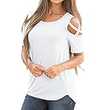 YEBIRAL T-Shirt Sommer Frauen Kreuzbandage Cold Shoulder Kurzarm Rundkragen Einfarbig/Drucken Mode Tops Tee Bluse(EU-40/CN-L,Beige)