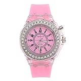 Sonew Frauen Quarz Uhr Kinder LED Rücklicht Runde Armbanduhr Silikon Bügel Rhinestone Entwurfs Mode Armbanduhr(Pink)