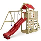 WICKEY Spielturm Klettergerüst MultiFlyer mit Schaukel & roter Rutsche, Outdoor Kinder Kletterturm mit Sandkasten, Leiter & Spiel-Zubehör für den G