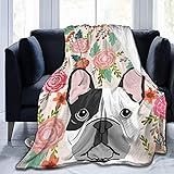 Kuscheldecke Flauschig Baby Bulldogge mit bunten Blumen, Weiche Flanell Fleecedecke Plüsch Decke für Kinder Haustier, Warm Sofadecke Wohndecke Couchdecke Wolldecke Tagesdecke - 75x100 cm