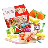 Jacootoys Küchenspielzeug 24 Teile Holz Spielzeug Lebensmittel Obst Gemüse Ebensmittel Küche Kinder Pädagogisches Lernen Set mit magnetischer Verbindung