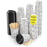 CupCup 100 Pappbecher 240ml mit Deckel und Holz Rührstäbchen - Kaffeebecher to Go Zum Servieren von Kaffee, Tee, heißen und kalten Getränken