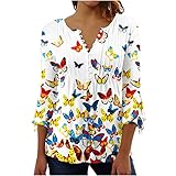 Damen-Top, 3/4-Ärmel, Boho-Blumendruck, T-Shirts, lässig, Button-Down-Blusen, V-Ausschnitt, plissiert, elegante Tunika, Tops, elegante Blusen, Sommer-Tops, Henley-Shirts, 002 x mehrfarbig, XL