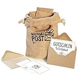 Geschenkepost Postsack mit 12 Briefumschlägen für Geldgeschenk oder Gutscheine, ein Beutel bedruckt aus Jute, 12 Umschläge aus Kraftpapier, inkl. 12 Kärtchen