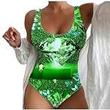 Unterwäschepakete für Damen 2024 Sommer Einteiliger Badeanzug für Damen, modisch, mit Glücksklee-Aufdruck, sportlicher St. Patrick's Day, bescheidene Badebekleidung, Monokini 10-Green S