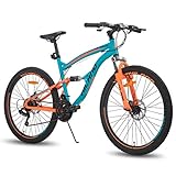 Hiland 26 Zoll Doppelfederung Fully Mountainbike 21 Gang ​​MTB Fahrrad für Herren 18 Zoll Multifunktionsfahrrad Blau&Orange für Damen und Herren