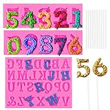 SelfTek 3D Silikonform Zahlen 0–9 und Alphabet A-Z geprägte Fondantform mit 10 Lutscherstäbchen, Süßigkeiten, Zahlen, Buchstaben, Kuchen-dekoration und Schokoladenform für Geburtstagsparty (Rosa)