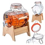 KADAX Fass 5L mit Hahn, fassförmiger Getränkespender aus Glas, Fass mit Zapfhahn, transparenter Spender mit Holzuntersatz, Alkoholspender ideal für Whisky, Brandy, Säfte (Modell 1)