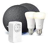 Smart Home Kit: 2x Echo (4. Generation, Anthrazit) + 2x Philips Hue White E27 + 1x Amazon Smart Plug (WLAN-Steckdose)
