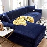 Jonist Dicke Sofabezüge 1/2/3 Sitzer Samt L-Form Sofa Schonbezug Easy Fit Stretch Elastischer Stoff Sofa Couch Möbel Protector-4-Sitzer (235-300cm) -Tibetanisch blau