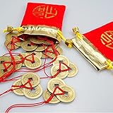 quiodok 10 Stück Alte Chinesische Dynastie 3 Münzen mit Rotem Seil und 6 Stück roter Glücksbeutel, Feng Shui Münzen, Chinesische Glücksmünzen, Glücksmünzen für Reichtum, Gesundheit und Erfolg