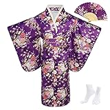 KRUIHAN Japanischer Kimono Damen,Yukata Damen Japanisch Traditionell,Morgenmantel Damen Satin,Japanisches Kleid Damen Cosplay Kostüm mit Faltfächer Tabi Socken,Stil B-Violett