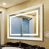 GJJSZ Badezimmerspiegel mit LED-Beleuchtung, mit Sensor-Licht, Touch-Schalter, Badezimmerspiegel, Rahmen aus Massivholz, Größe 3