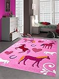 Kinderteppich Spielteppich Kinderzimmer Teppich Pferd Design mit Konturenschnitt Pink Creme Rot Orange Gelb Schwarz Größe 160x230 cm