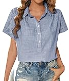 Lässiges Damen-Shirt, Sommerhemd, gestreiftes Muster, Knopfleiste, kurzärmelig, Tops für Büro, Arbeit, blau, Large