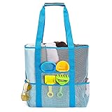 Extra große Netztasche Strand Sandlose Tasche/Schultertaschen für Strand Picknick Schwimmbad Einkaufs Wäschesack Spielzeug Lebensmittel XXL Blau