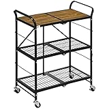 HOMCOM Rollwagen, Klappbarer Küchenwagen, Servierwagen mit 3 Ebenen, Griff, Küchenregal auf 4 Rollen für Esszimmer, Wohnzimmer, Stahl, Braun+Schwarz, 68 x 35 x 85