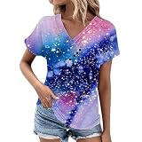Damen Kurzarmkleid mit V-Ausschnitt und Sternendruck, Knopfleiste, locker sitzendes T-Shirt, Oberteil, lässiges Sommerhemd Mesh Oberteil Damen Glitzer (Blue, XXL)