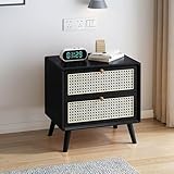 Rustikaler Rattan-Nachttisch mit 2 Schubladen und Massivholz-Akzent-Nachttisch, Aufbewahrungslösung für Wohnzimmer oder Schlafzimmer, Schwarz, 43 x 40 x 49