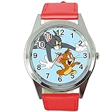 Taport® Tom und Jerry Quarz-Armbanduhr, rund, SCI FI, echtes Lederband, inklusive Ersatzakku und Geschenkbeutel, Rot